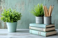 Minimalist desk arrangement with stacked mint-colored books, decorative grass plant and pencils in concrete holders, green plant in pastel pot on wooden surface.