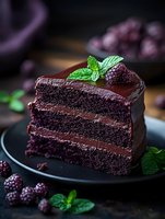 Rich chocolate layer cake slice with dark ganache frosting, garnished with fresh mint leaves and blackberries on black plate, moody food photography setting.