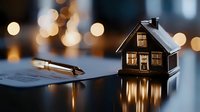 Small house model and fountain pen on document with glowing bokeh lights in background, reflecting on glossy surface. Real estate contract signing concept.