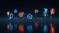 Business strategy icons connected by glowing network lines on dark background representing digital marketing, finance and communication concepts.
