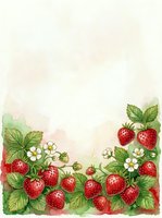 Strawberry border frame with white flowers and green leaves on cream watercolor background, isolated on white for greeting cards, invitations, and design projects.