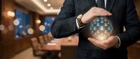 Professional businessman in dark suit holding glowing digital sphere with network connections in modern office environment for technology and innovation concepts.