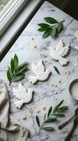 White dove-shaped cookies on marble surface with green olive branches and crumbs for peaceful celebration baking and holiday dessert decoration.