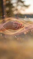 Cupped hands surrounded by flowing golden energy waves and light particles creating spiritual healing and protection concept for wellness and meditation designs.