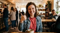 Young woman with curly hair giving thumbs up in busy modern cafe restaurant with warm lighting and blurred customers in background.