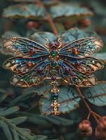 Ornate steampunk dragonfly brooch with stained glass wings in copper setting, adorned with colorful gemstones against blurred foliage background. For jewelry design inspiration.
