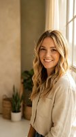 Happy young blonde Caucasian woman smiling warmly in bright modern home interior with natural sunlight streaming through window and green plants.