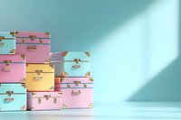 Pastel colored vintage suitcases stacked against mint wall with dramatic diagonal light. Minimalist nostalgic travel concept with pink, yellow and blue luggage.