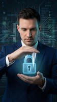 Professional businessman in navy suit protecting glowing digital padlock symbol with hands against futuristic circuit board background for cybersecurity concepts.