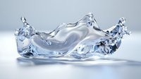 Dynamic water splash frozen in motion against light background, creating crystalline wave formation with smooth curves and transparent liquid texture.