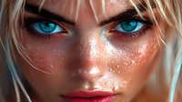 Close up portrait of young woman with intense turquoise eyes, freckles, and platinum blonde hair against dark background. Dramatic lighting highlights facial features.