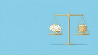 Golden balance scale weighing human brain against money symbol on light blue background representing decision between intellect and wealth.