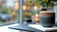 Cozy coffee cup with creamy foam on notebook near window with bokeh lights and candles, creating peaceful morning atmosphere for work or relaxation.