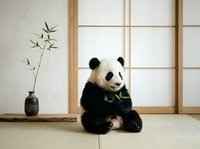 Cute giant panda cub sitting on tatami floor eating bamboo in a minimalist Asian interior with sliding doors and a vase.