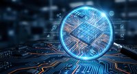 Futuristic microprocessor chip with glowing blue holographic sphere and digital circuit patterns for technology and artificial intelligence concepts.