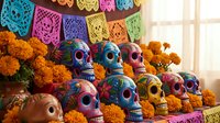 Colorful decorated sugar skulls with marigold flowers and papel picado banners for Day of the Dead celebration altar display.
