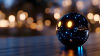 Crystal ball with starry night sky reflection on wooden surface with warm bokeh lights background for fortune telling and mystical concepts.