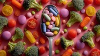 Colorful dietary supplements in spoon surrounded by fresh vegetables, fruits, and pink vitamin pills on vibrant red background.