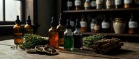Vintage apothecary laboratory with amber glass bottles, dried herbs, and natural ingredients on wooden table for traditional medicine preparation.