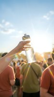 Hand holding water bottle at outdoor event with crowd and sunlight creating lens flare effect during golden hour for hydration and wellness concepts.