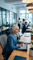 Confident mature businesswoman with short gray hair smiling while working on tablet in modern open office space with colleagues collaborating in background.