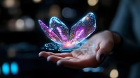 Glowing magical butterfly with blue and purple wings floating above open palm against dark background with bokeh lights, fantasy concept for spiritual design.