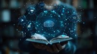Digital brain network emerging from open book with glowing connections and tech icons representing artificial intelligence, machine learning and knowledge transfer.