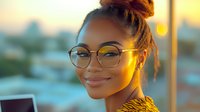 Young African American woman wearing glasses and yellow top smiling warmly at sunset, with natural hair in bun style, urban rooftop background creates golden hour ambiance.