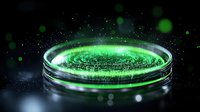 Glowing green bacteria culture in petri dish with bioluminescent microorganisms against dark background, scientific research concept for microbiology studies.