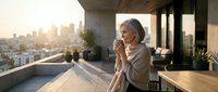Mature woman enjoying morning coffee on modern apartment balcony with city skyline view during golden hour sunrise, peaceful lifestyle moment.