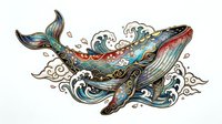 Ornate whale with decorative swirls and waves in teal, gold, and coral tones, isolated on white background for design projects.
