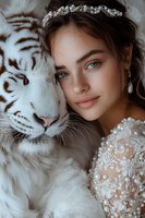 Young woman in white lace wedding dress with pearl accessories poses next to white tiger, creating magical fantasy portrait with soft lighting and dreamy atmosphere.