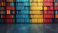 Colorful stacked shipping containers creating vibrant pattern of red, yellow, blue and orange stripes. Industrial cargo terminal background with concrete floor reflection.