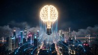 Giant glowing brain lightbulb illuminates smart city skyline with digital network connections representing artificial intelligence and innovation.