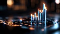 Glowing blue circuit board with illuminated components creating futuristic cityscape effect. Electronic paths and light trails showcase technology advancement and digital innovation.