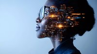 African American woman profile with city lights and architecture double exposure effect creating futuristic cyberpunk portrait against blue background.