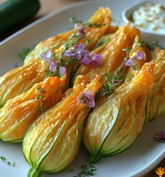 Fresh zucchini blossoms garnished with purple edible flowers and herbs on white plate, close-up view of stuffed squash flowers ready for cooking.