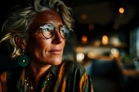 Mature Caucasian woman with glasses and blonde hair in warm evening light with bokeh background for lifestyle and aging gracefully concepts.