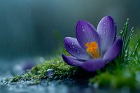 Purple crocus flower with water droplets blooming in rain, close-up view showing orange stamen against green moss background for nature photography.