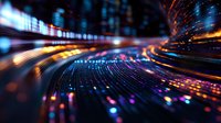 Dynamic digital data flow with glowing light trails and particles streaming through futuristic cyber space for technology presentations.