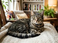 Tabby cat with striking green eyes resting on a knit blanket in a cozy home interior with bookshelves and plants.