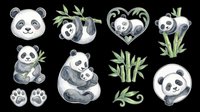 Cute panda bear faces and cubs with bamboo leaves isolated on transparent background. Ready for t-shirt designs, stickers, clipart, sublimation, and print-on-demand products.