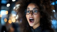 Young African American woman with natural curly hair and glasses expressing excitement and joy against blurred bokeh lights background in evening setting.