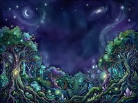 Enchanted forest landscape with glowing bioluminescent flora beneath starry night sky, crescent moon, and swirling galaxies. Mystical woodland scene for fantasy art, book covers, and imaginative design projects.