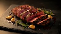 Sliced grilled beef steak with herbs and garlic on dark slate board. Premium meat dish for restaurant menus and culinary content.