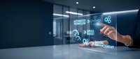 Businessman hand touching digital interface with automation workflow, speed boost, and process enhancement icons in modern office environment.