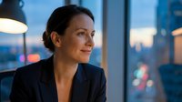 Confident businesswoman in dark blazer gazing out modern office window at evening cityscape, professional corporate environment with urban skyline backdrop.