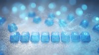 Translucent blue ice cubes arranged in a row on frosted surface with bokeh lights and glitter particles, suitable for beverage, winter, and cooling concept designs.