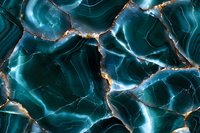 Luxurious dark teal agate crystal texture with golden veins and cracks creating natural abstract pattern. Macro photography shows mineral structure details.