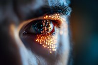 Close-up macro shot of human eye with digital circuit reflection and orange glowing elements against dark background, representing artificial intelligence and future vision.